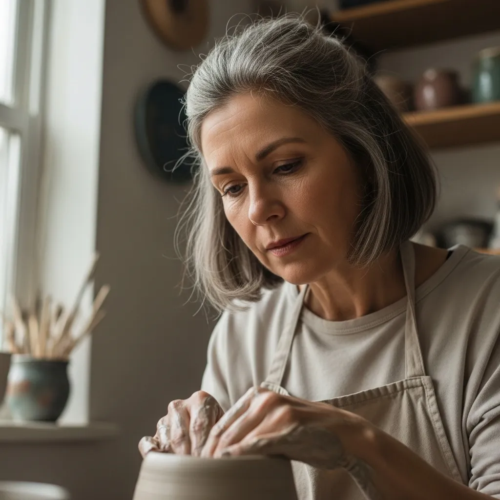 Woman concentrating on pottery wheel in art studio.