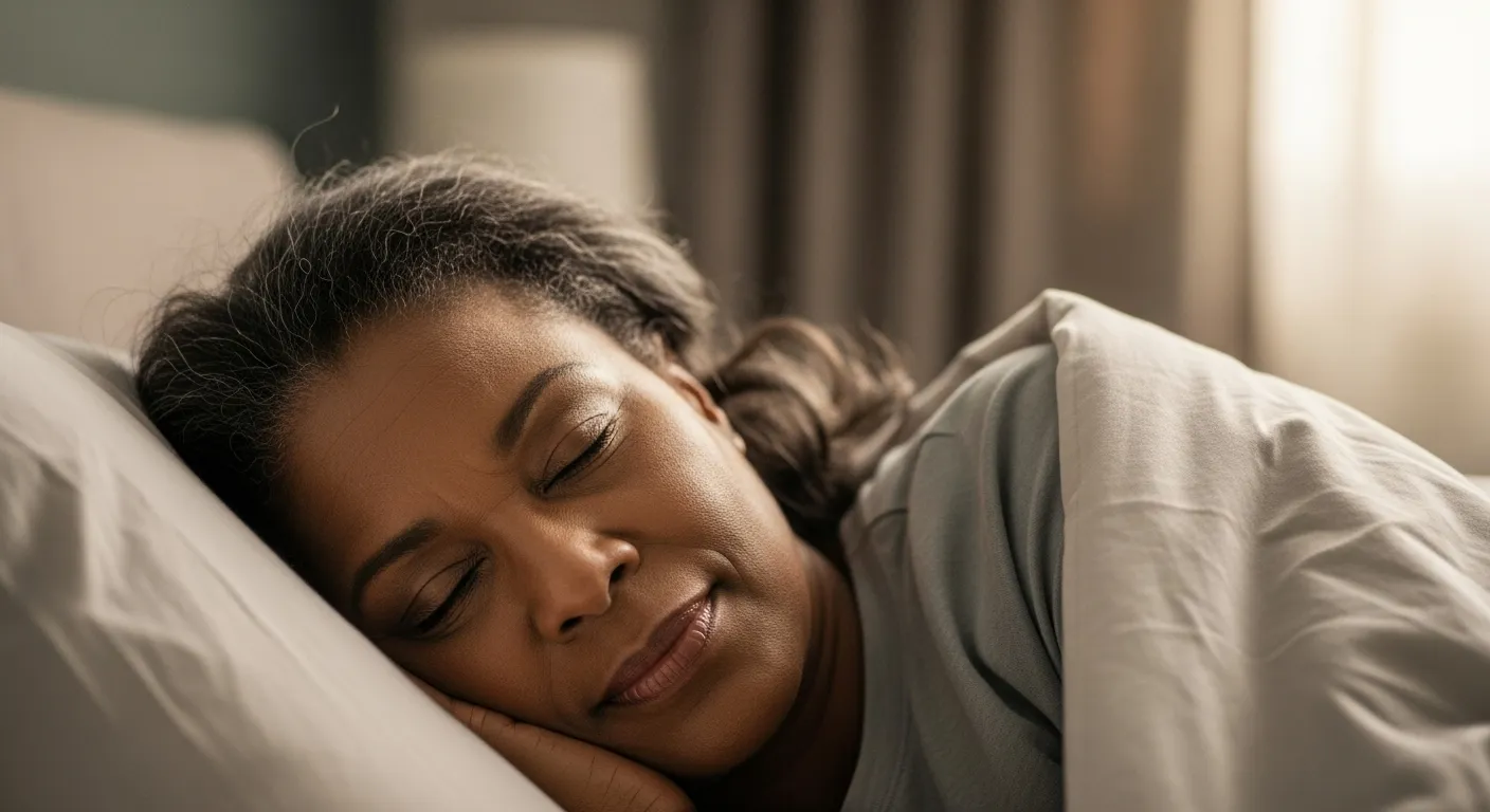 Senior woman asleep in bed, peaceful morning light.