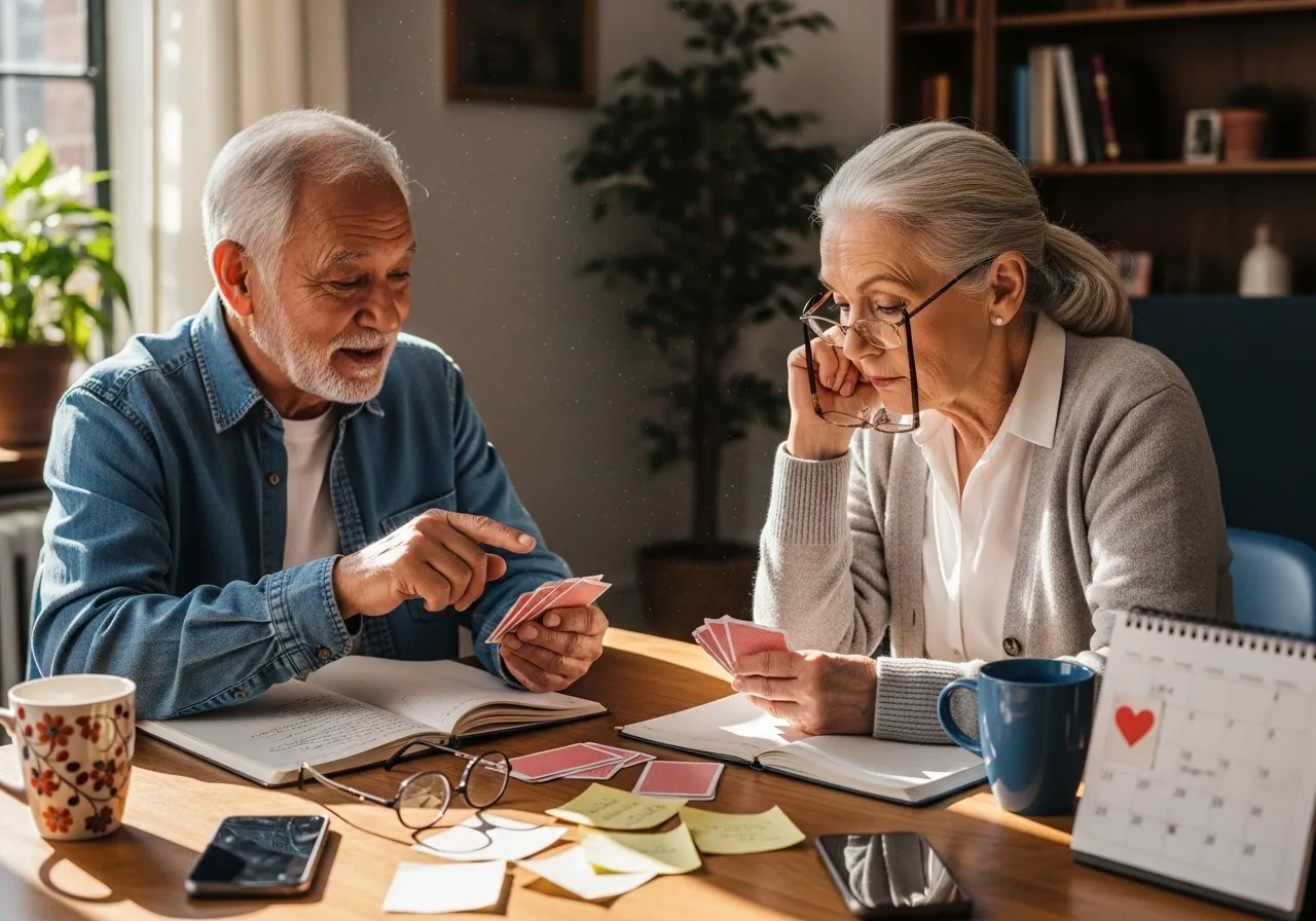 Seniors playing cards in living room