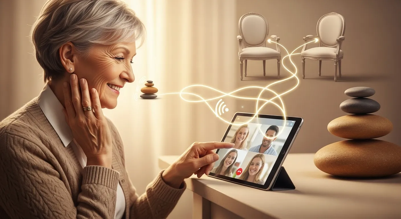 Older adult happily video calling family.