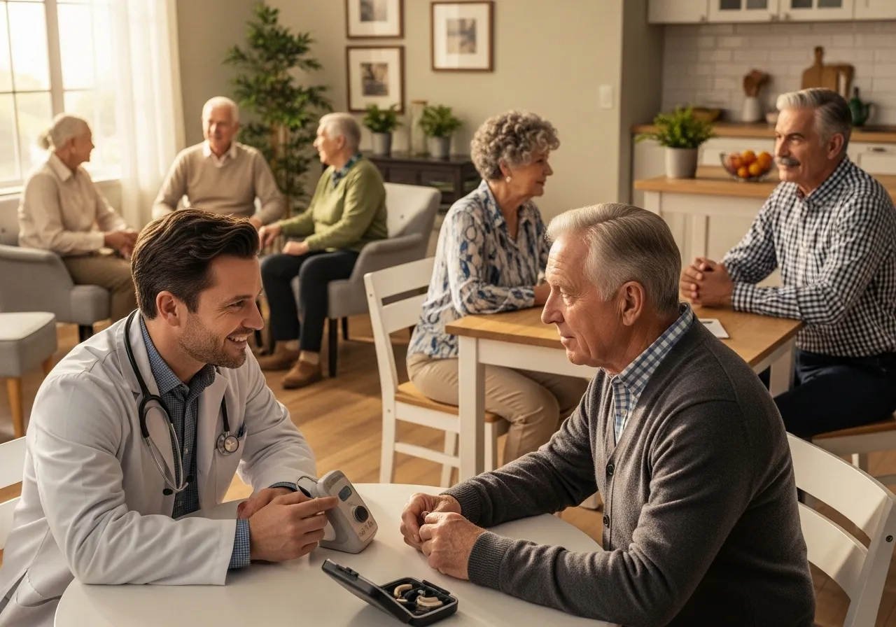Doctor checking man's hearing in clinic.