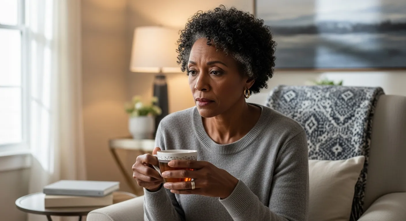 Worried senior woman sits alone at home