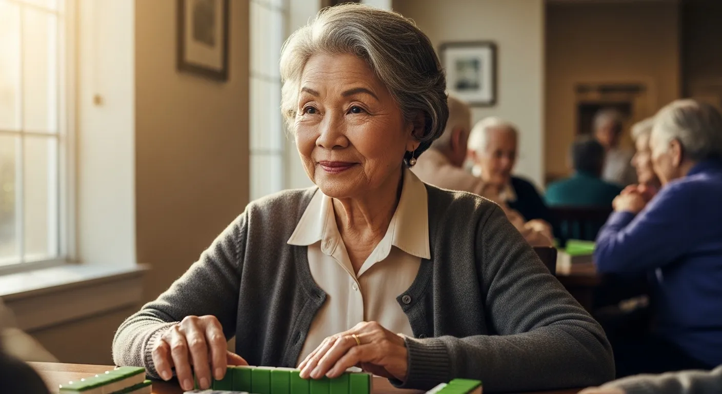 Seniors playing mahjong in community center.