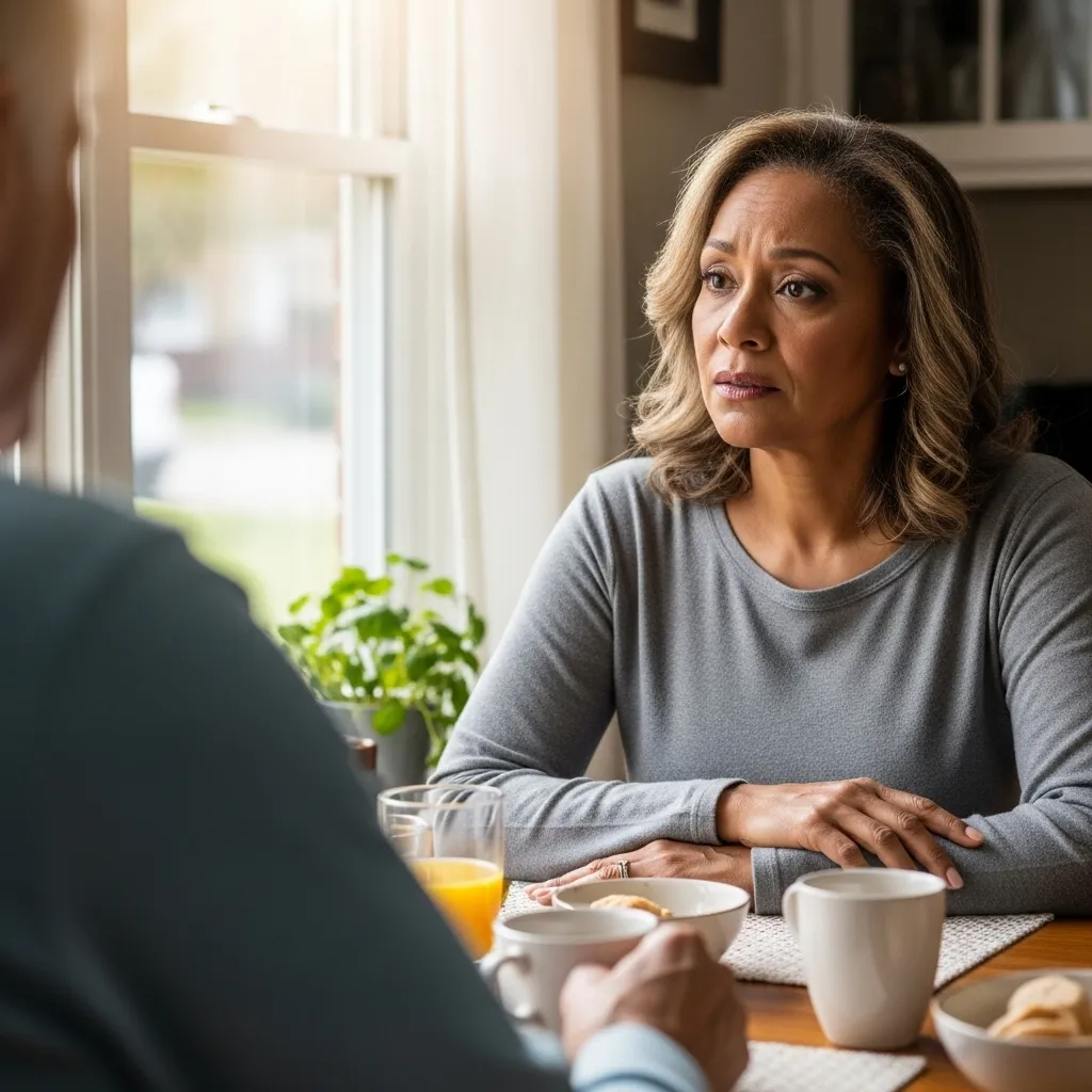 Woman looking pensive in her living room.
