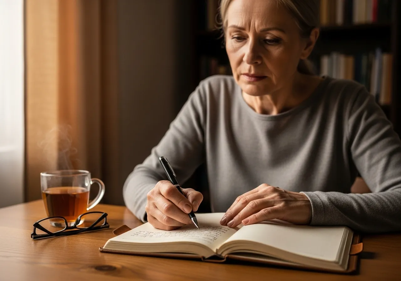 Woman journaling at table, concerned expression.