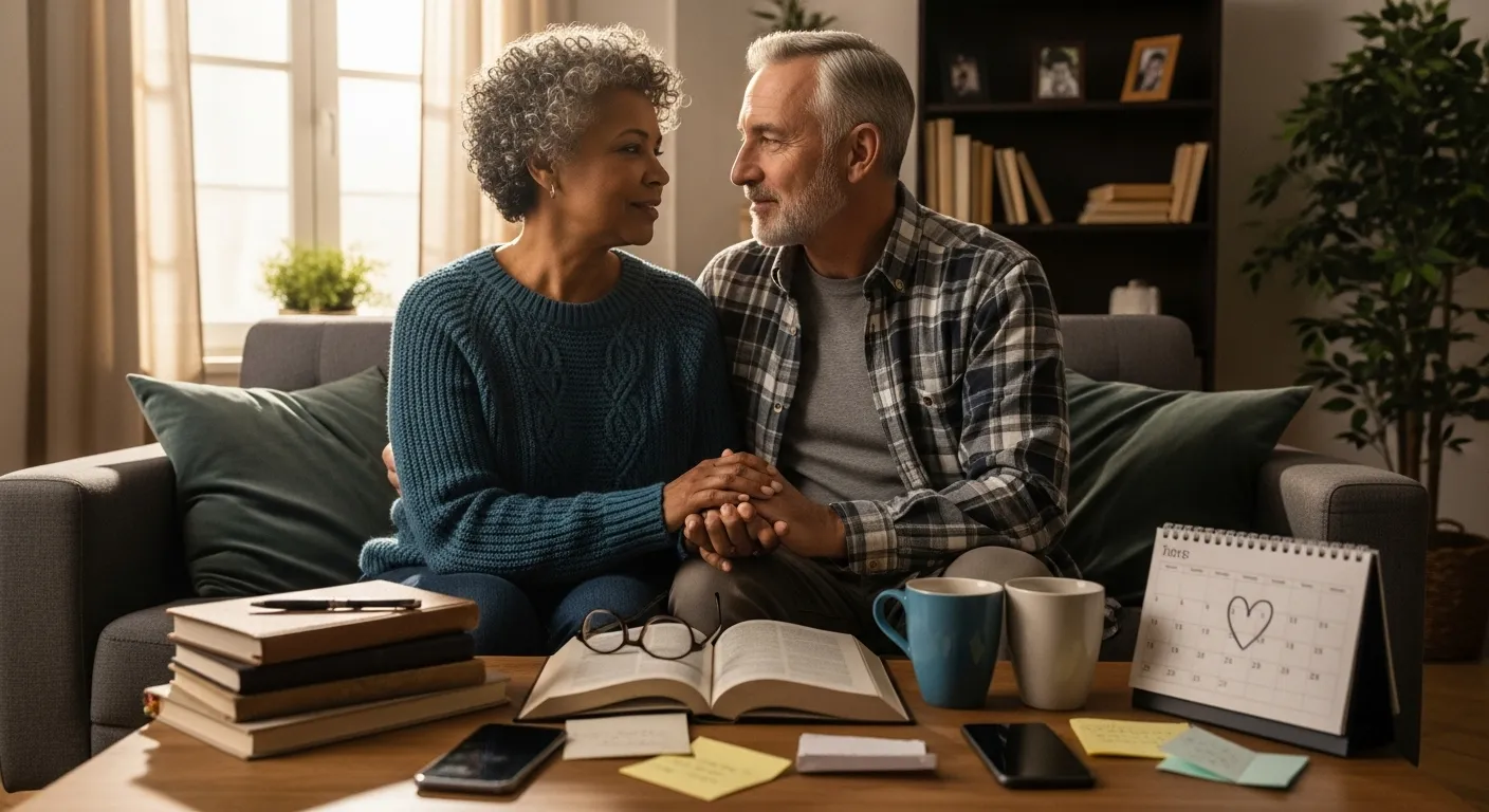 Older couple holding hands, communicating calmly on a couch.