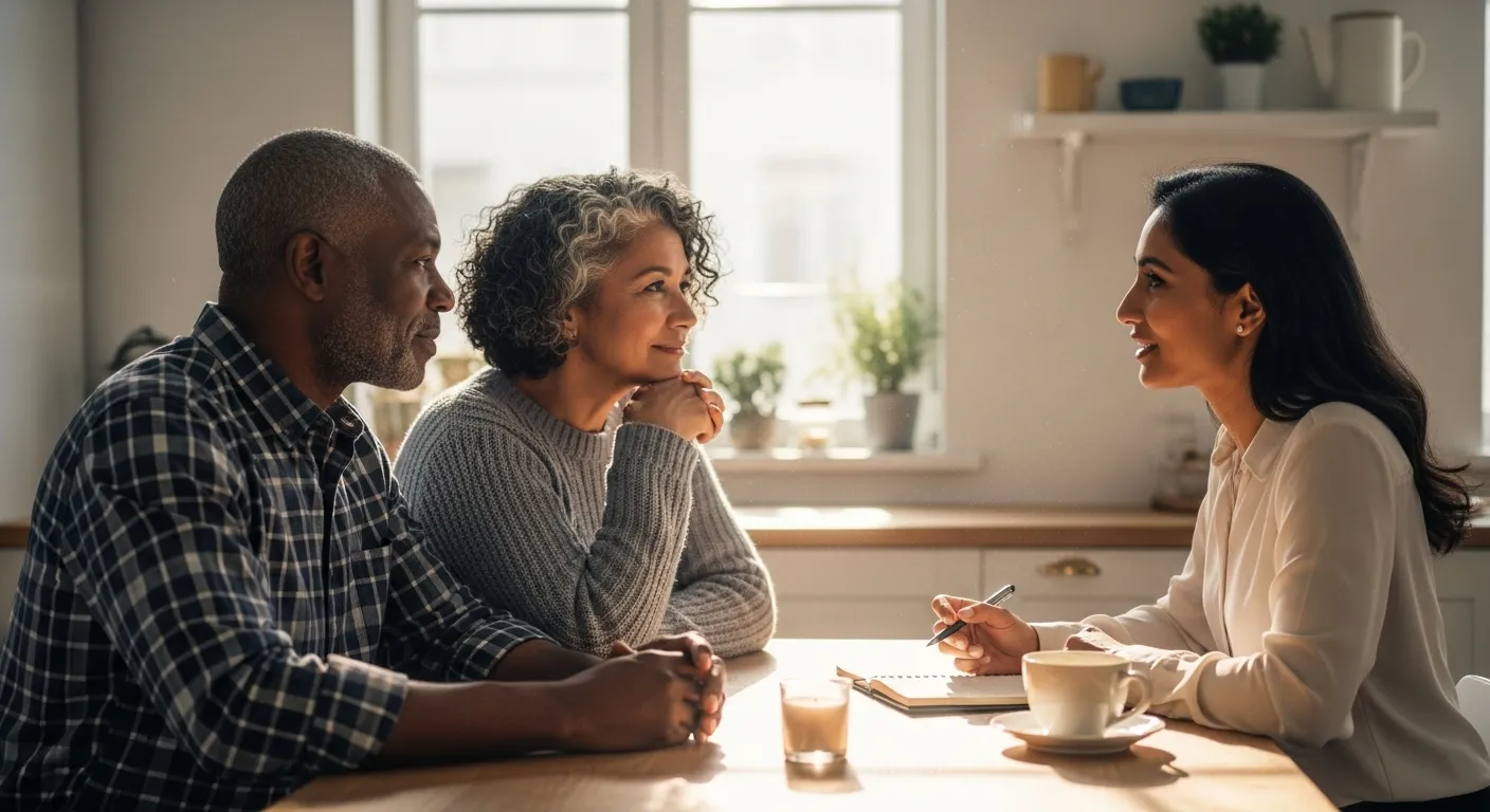 Couple in therapy session, actively listening.