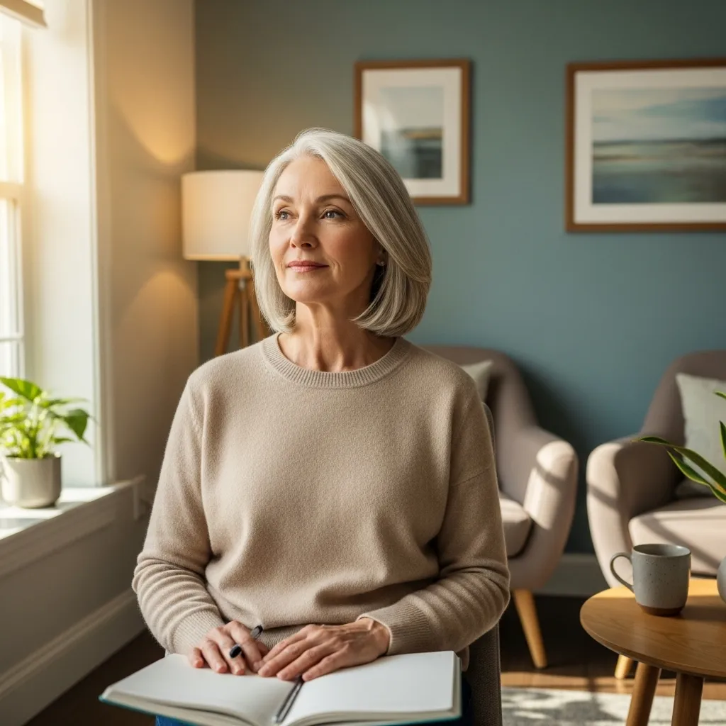 Woman journaling in peaceful room.