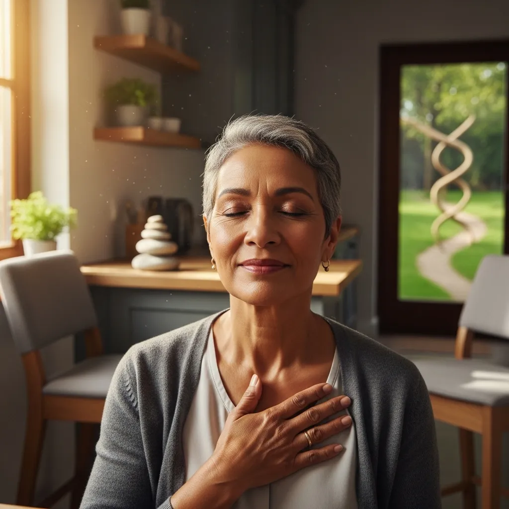 Caregiver practicing mindfulness in kitchen.