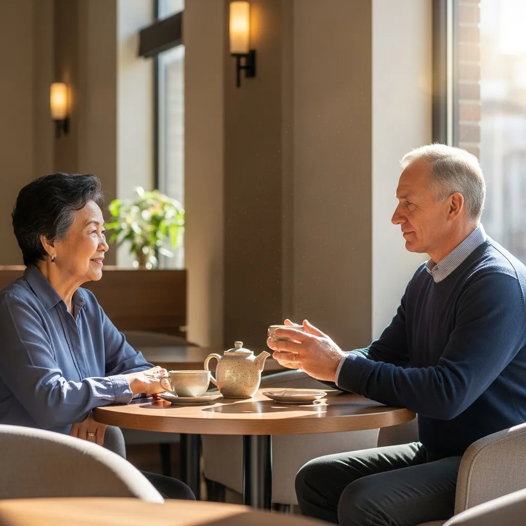 Two seniors practice mindful listening while sharing tea in a cafe.