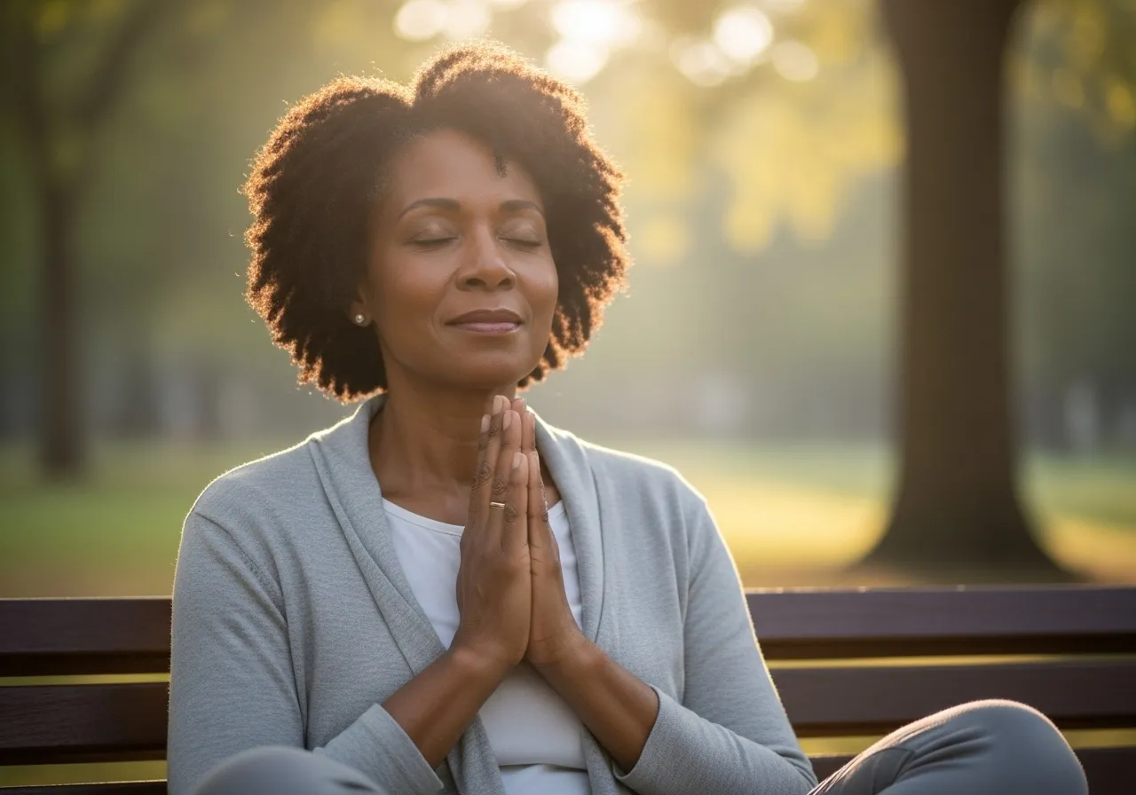 Black senior woman meditating peacefully on park bench.