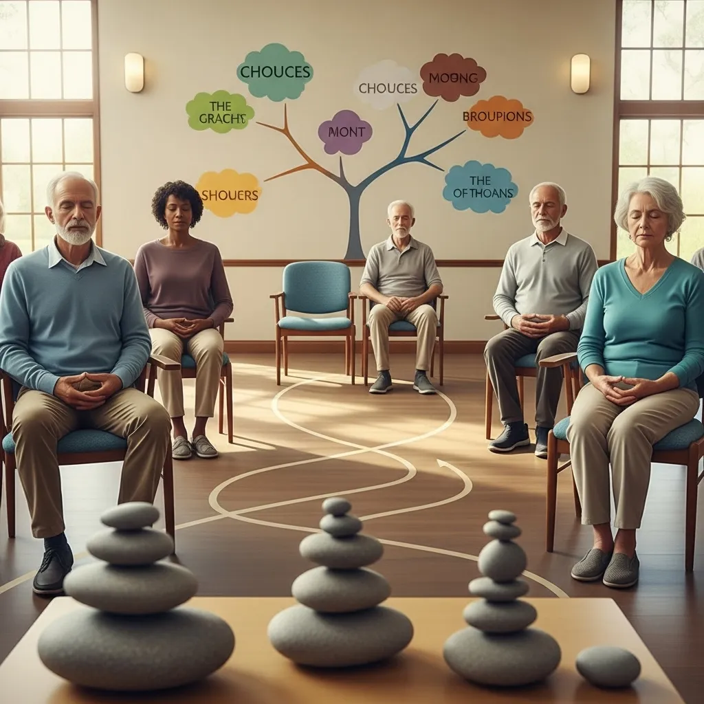 Seniors practicing guided meditation in community center.