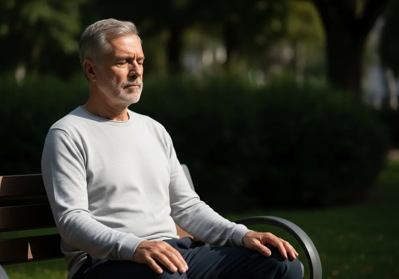 Senior man returns to his breath during meditation on a park bench.