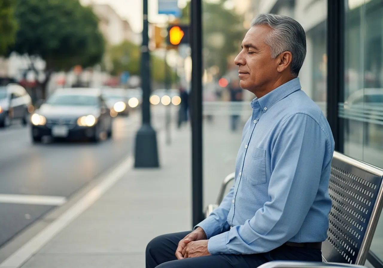 Senior man practicing grounding technique at bus stop.