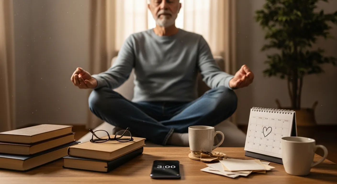 Senior man meditating with timer on phone in living room.