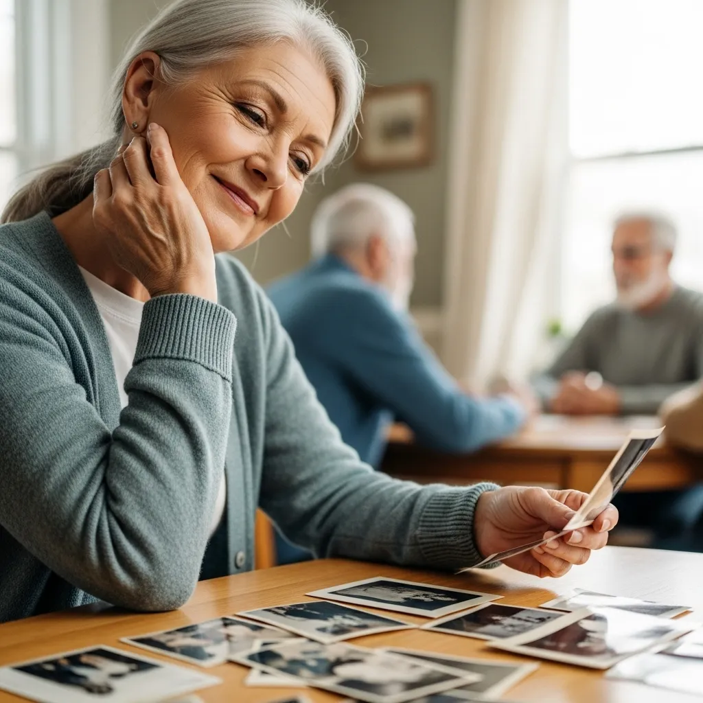 Woman looking at photos in a sunlit room.