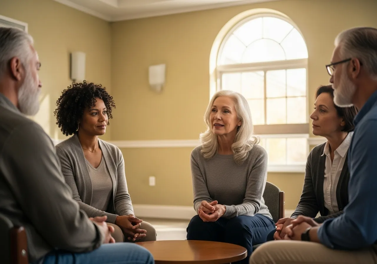People in support group listening to a speaker.