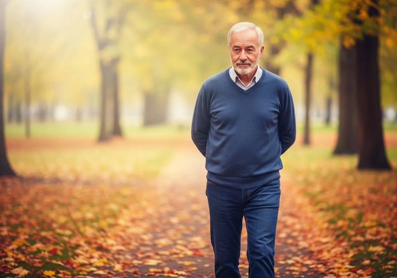 Man walking alone in park during fall