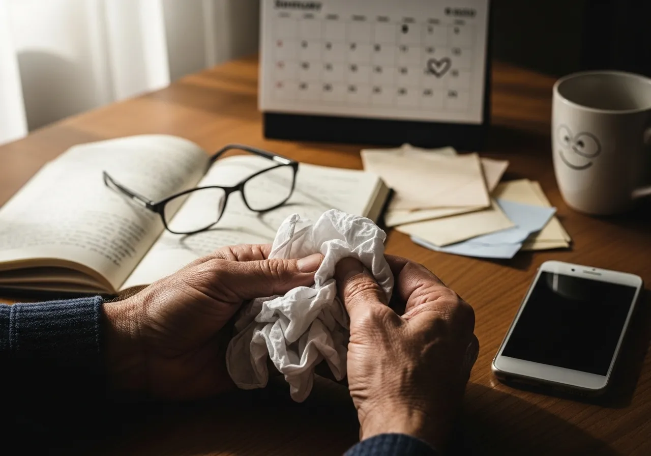 Man holding handkerchief, grieving.