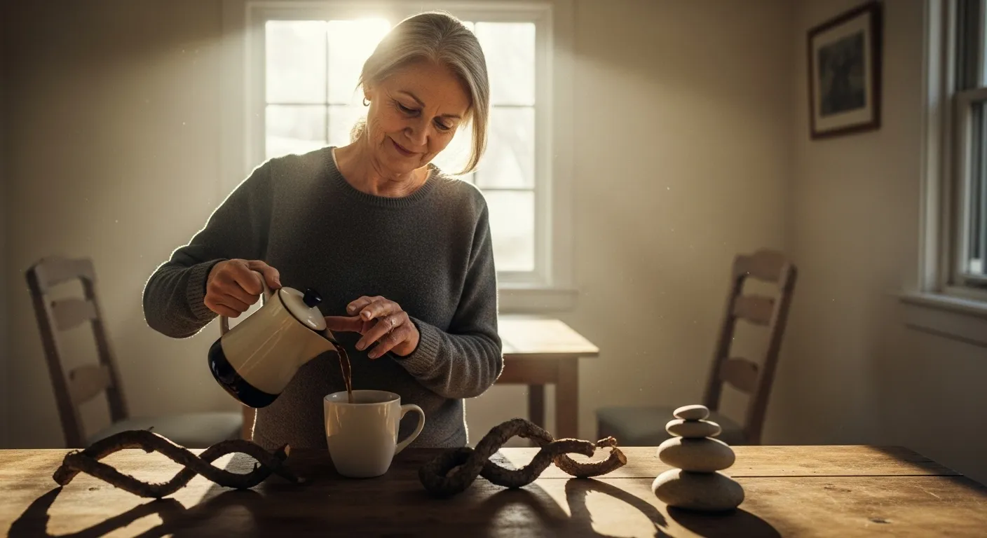 Woman pouring coffee in kitchen, remembering spouse.