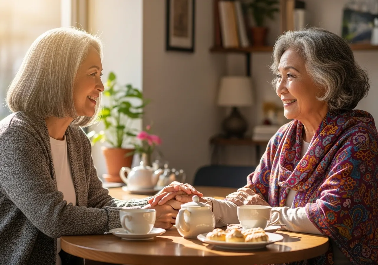 Friends having tea and talking in cafe.