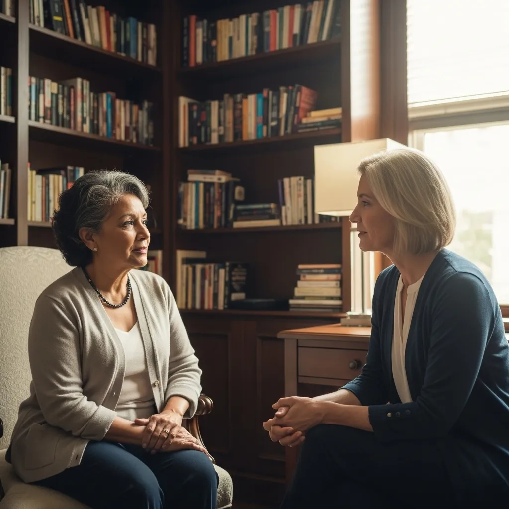 Woman talking to a therapist in an office.
