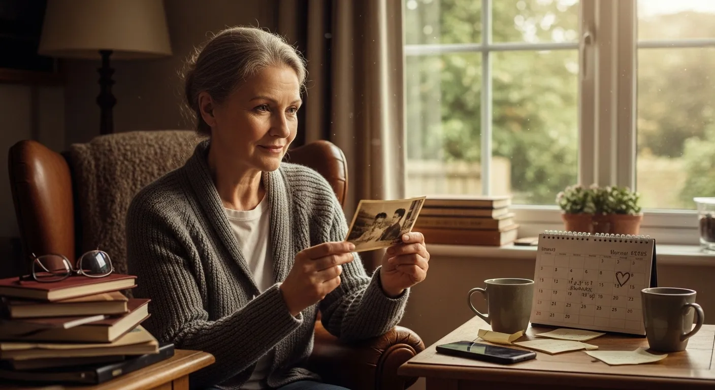 Woman looking at a photo in her living room.