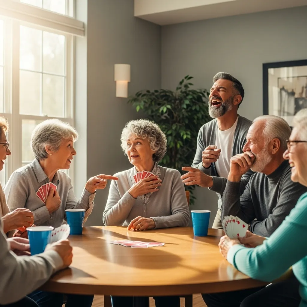 Seniors enjoy card game, lighthearted forgetfulness.