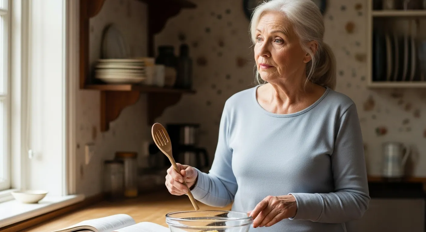 Woman experiencing a moment of forgetfulness while cooking in kitchen.
