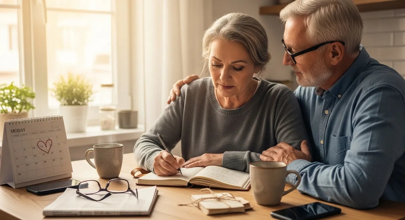 Woman writing in journal, partner looking at her.