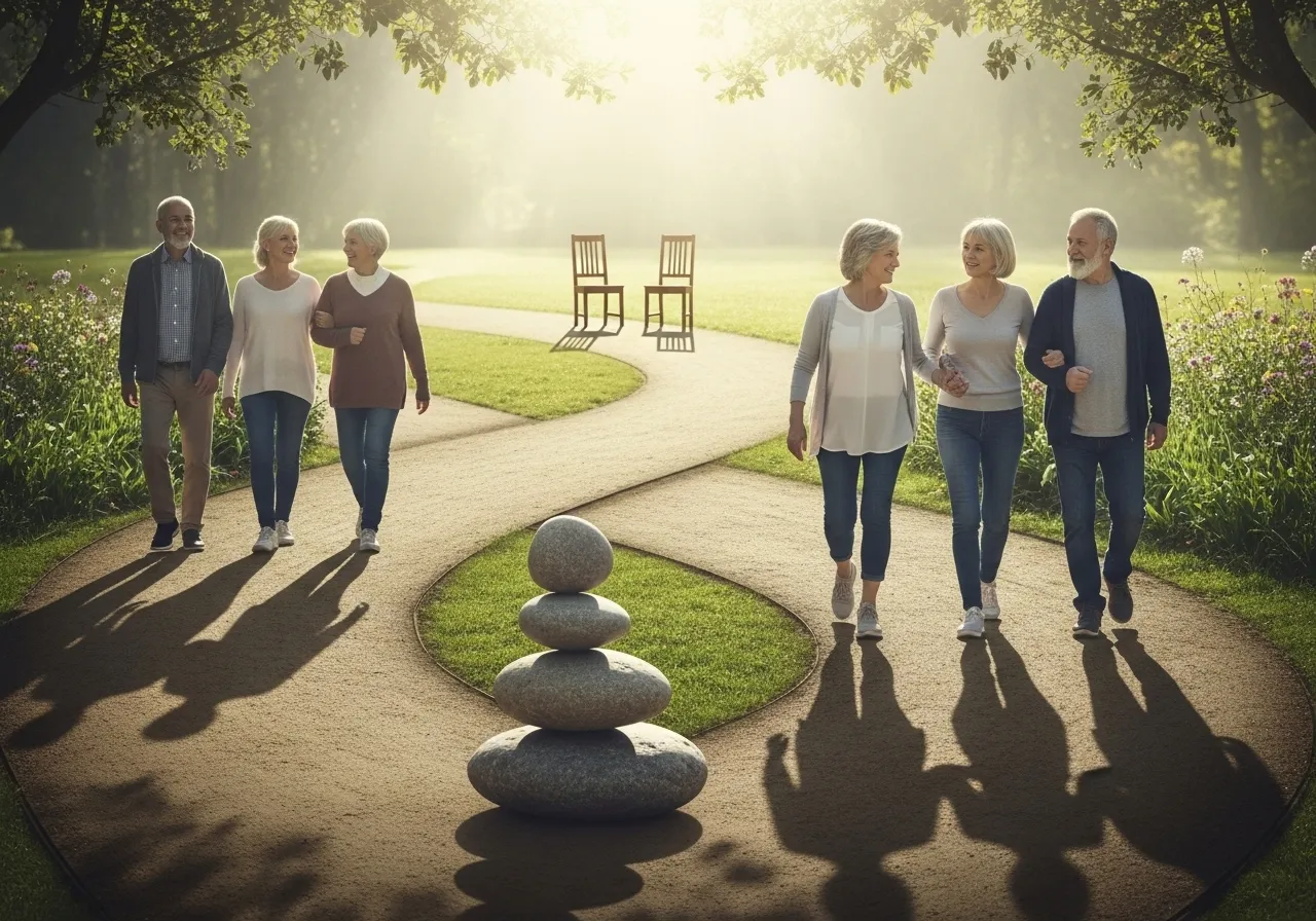 Group of seniors walking in a park
