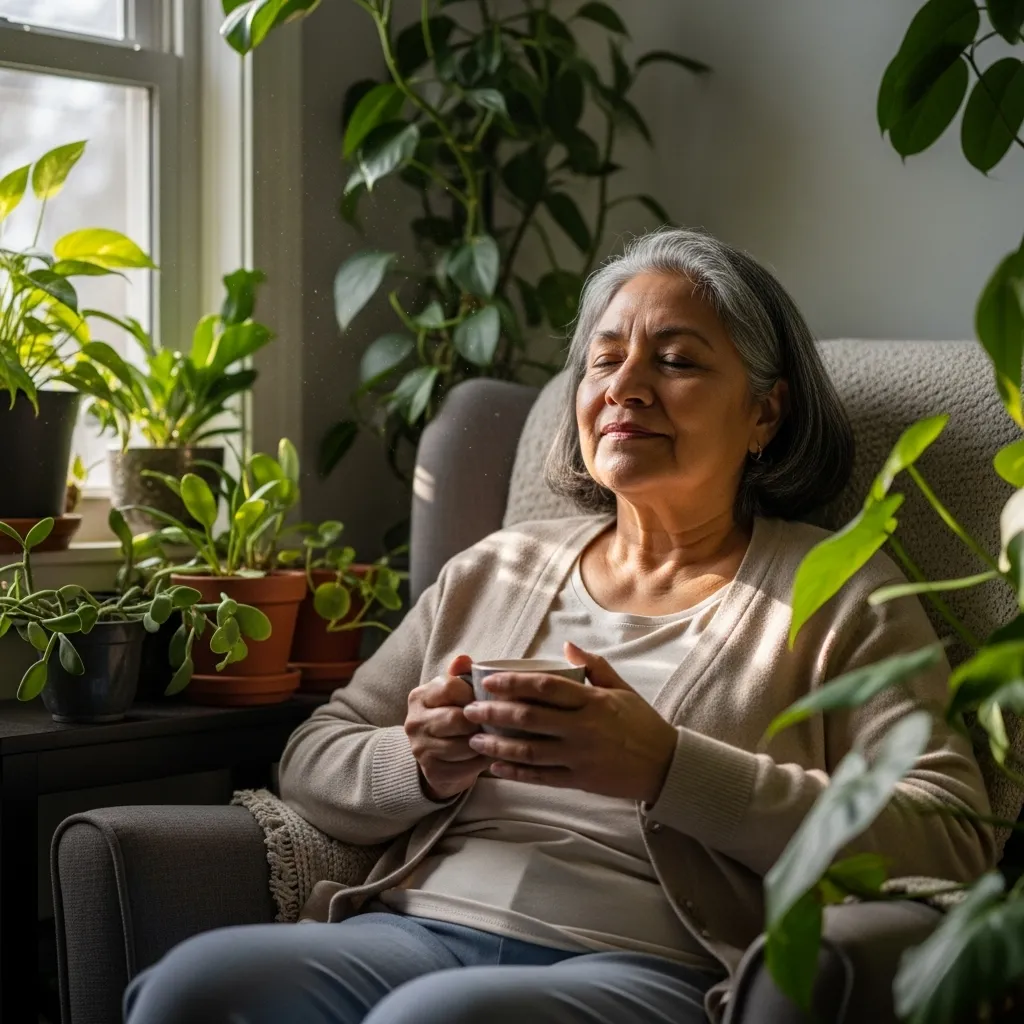 Caregiver relaxes with tea in a peaceful corner.