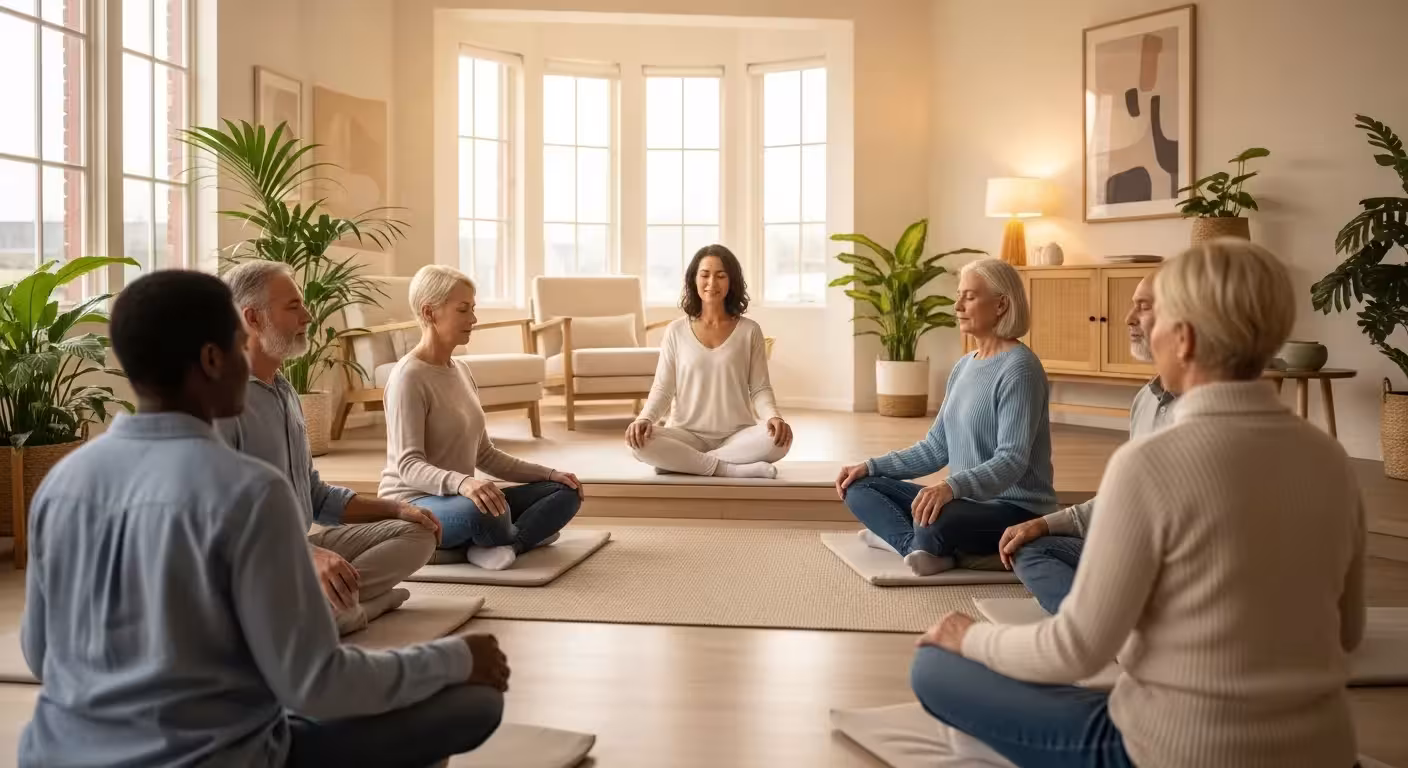 Group meditation session in a peaceful room.