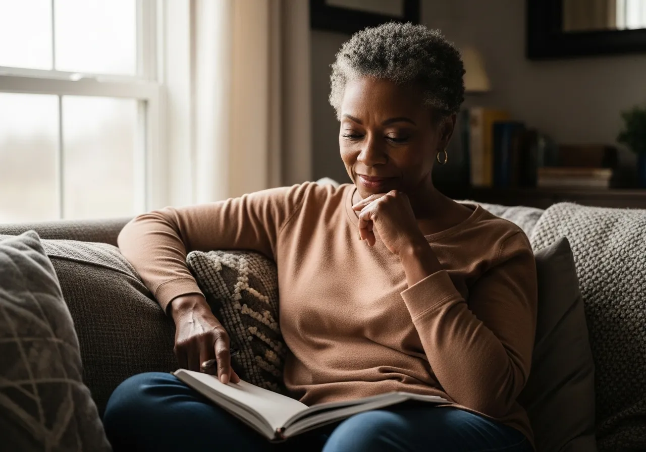 Woman reviewing a journal on her sofa.