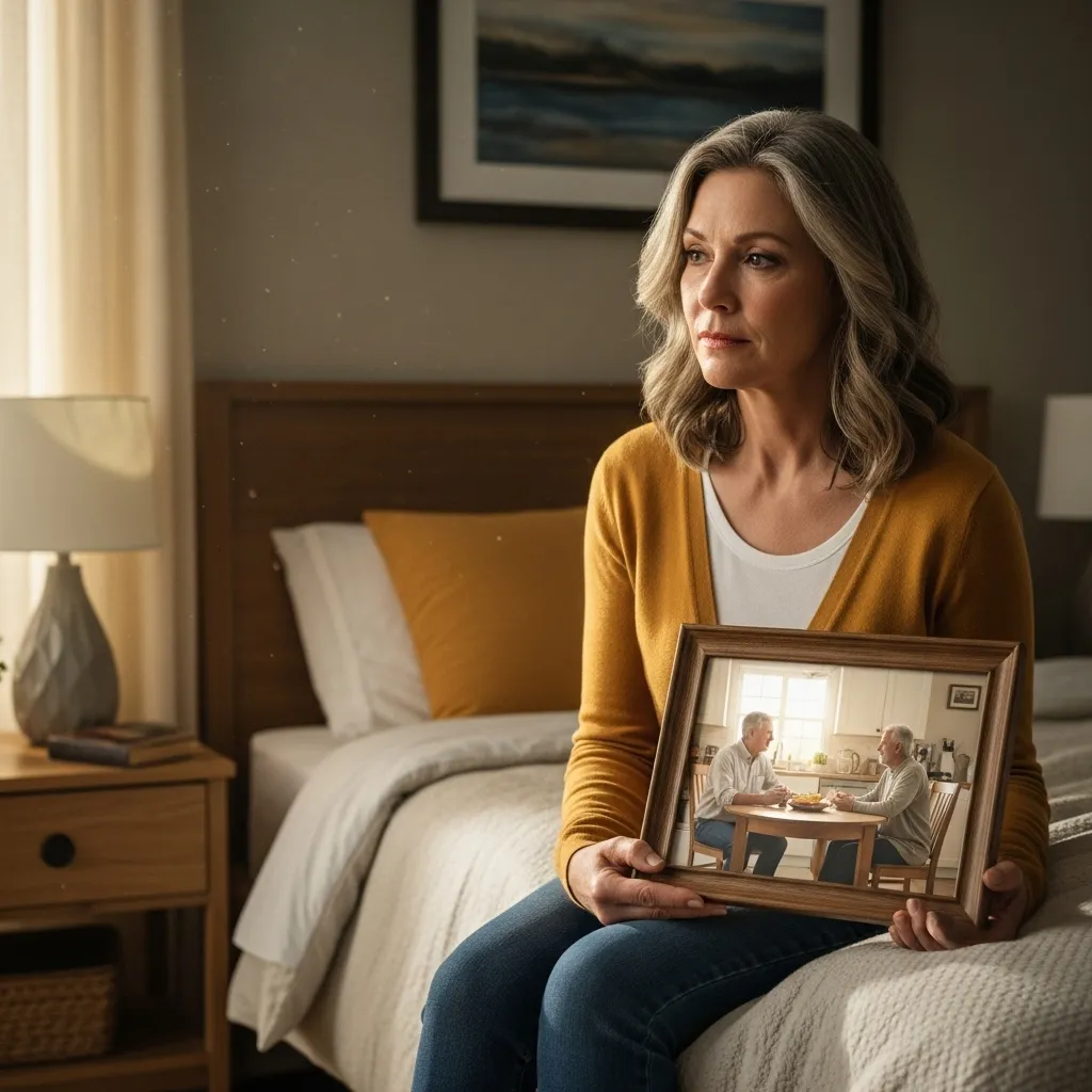 Woman looking at family photo in bedroom.
