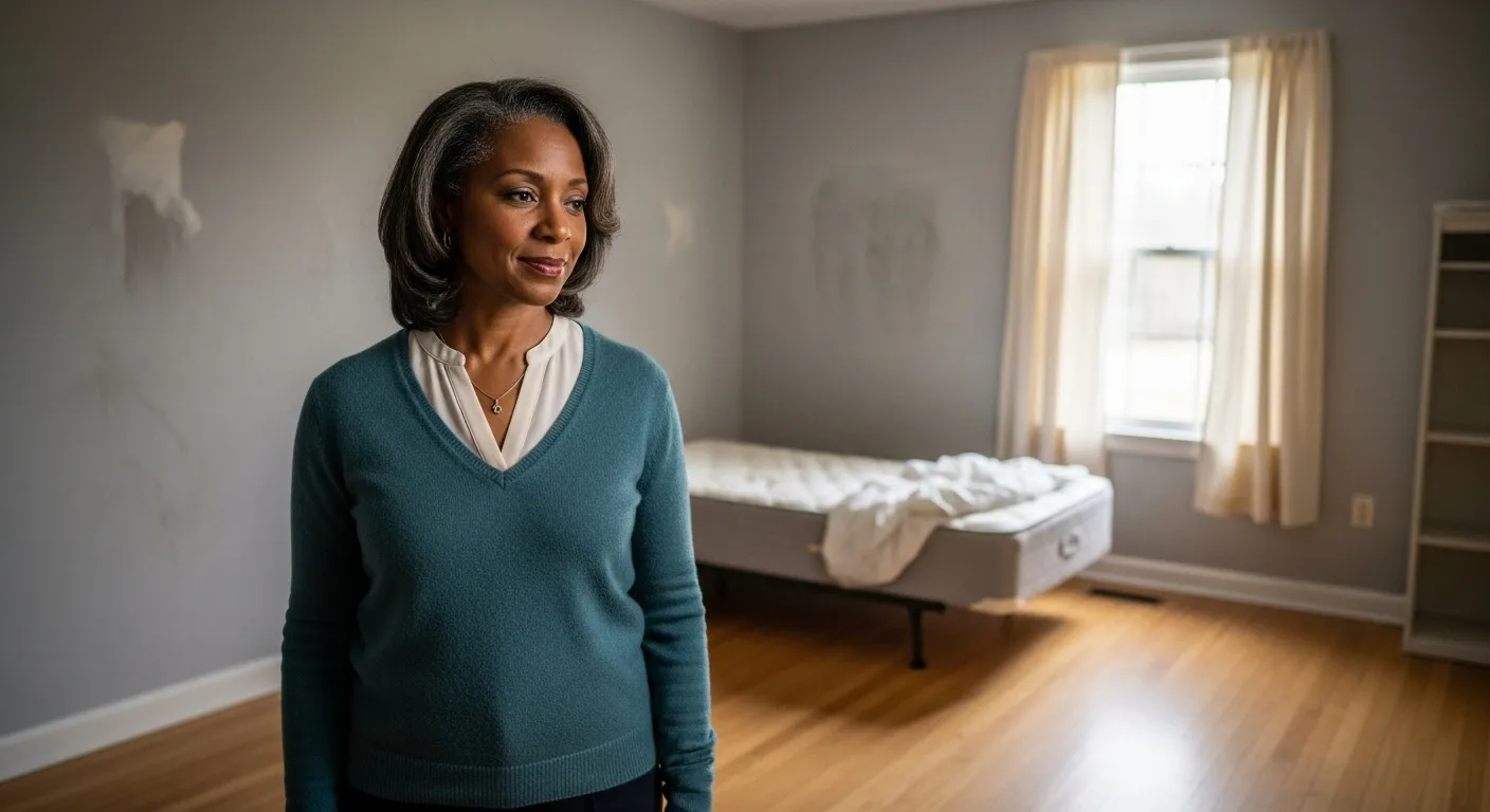 Woman in empty bedroom.