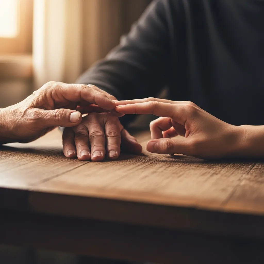 Two hands reaching across a table and gently touching.