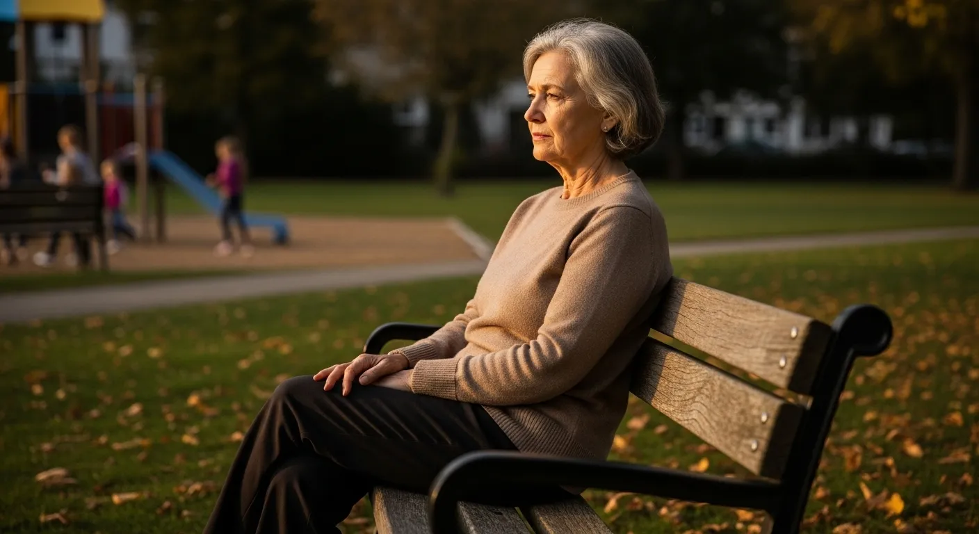 Woman sits contemplatively on park bench near playground.