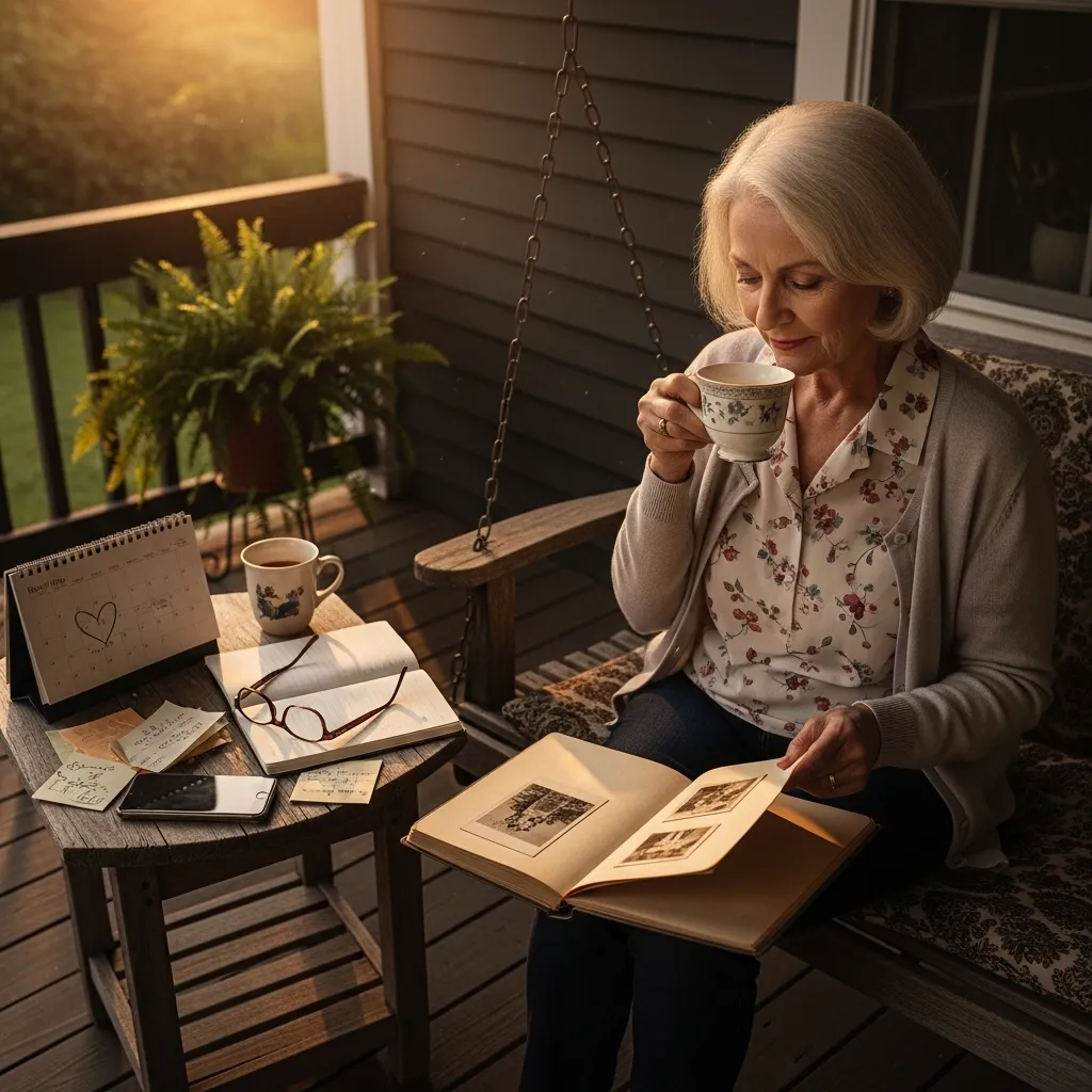 Woman reviewing photo album on porch.