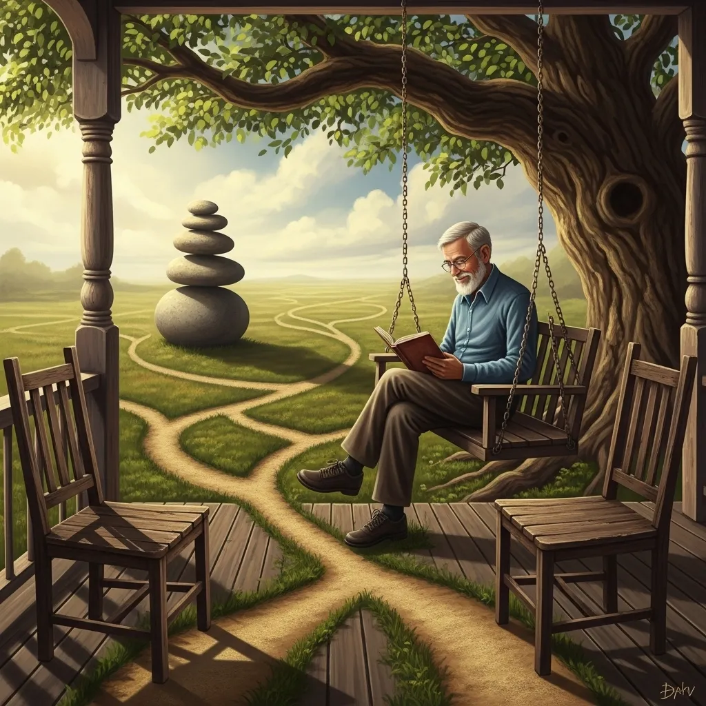 Man reading on a porch.