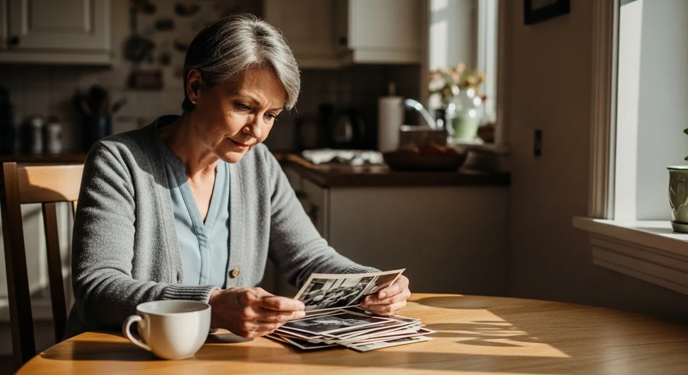 Woman looking at old photos in a sunlit room.
