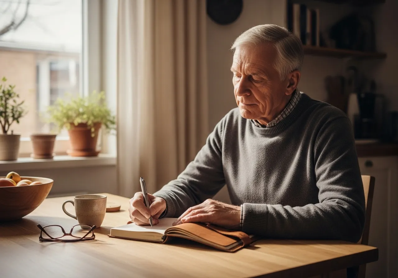 Man writing in a journal at his kitchen table.