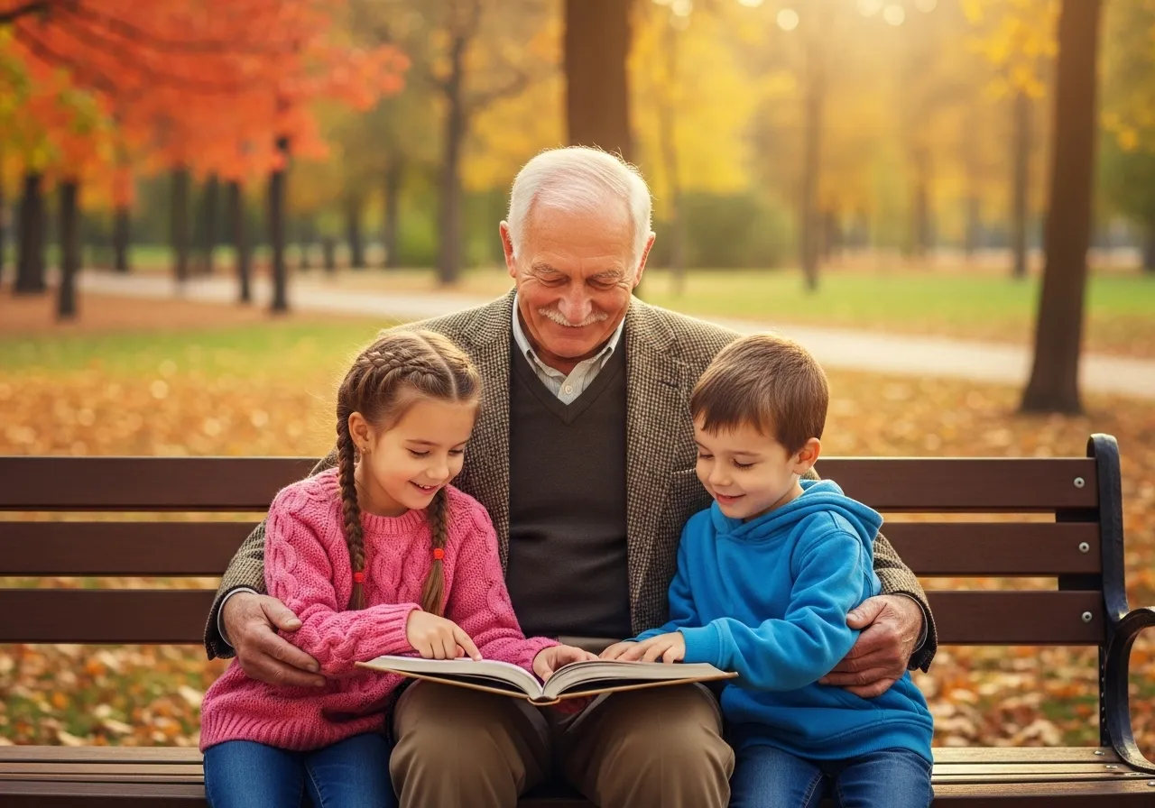 Grandfather reading to grandchildren in a park.