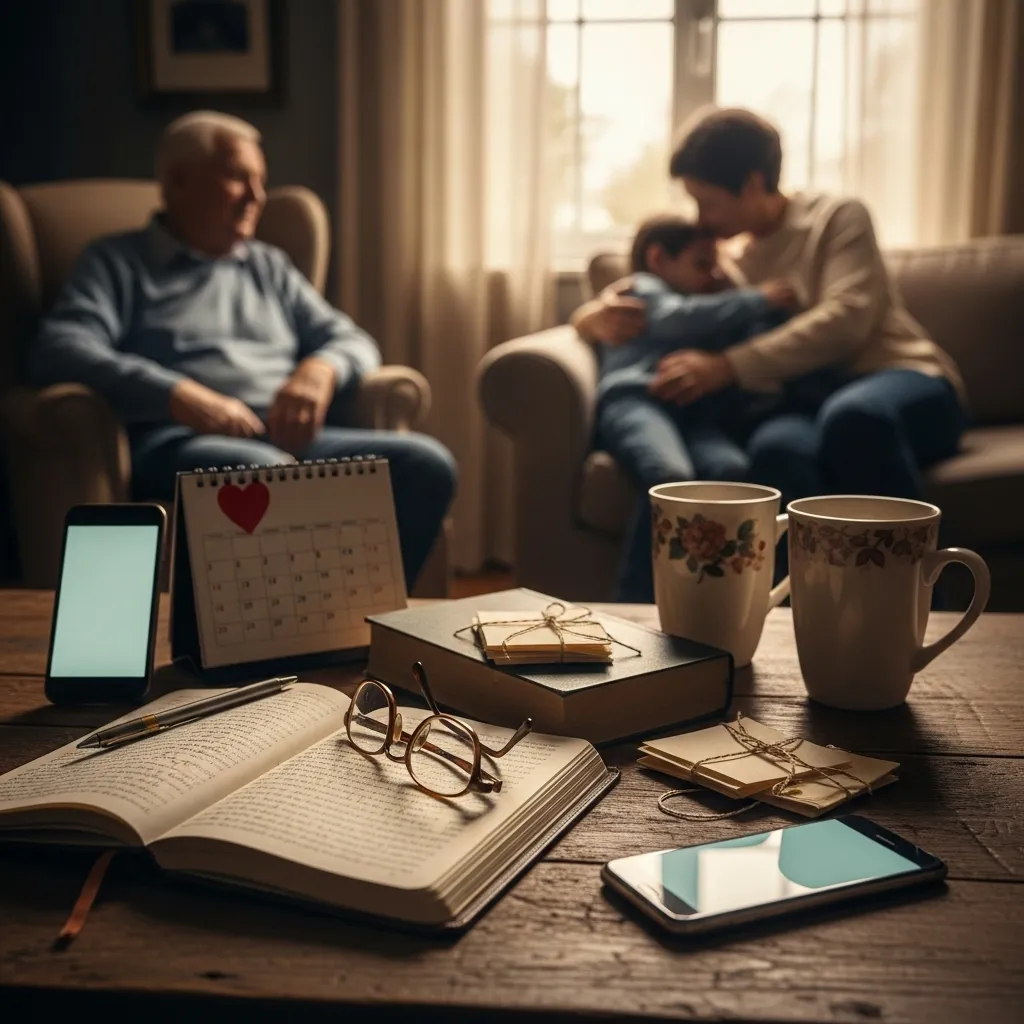 Grandparent watching parent comfort a child.