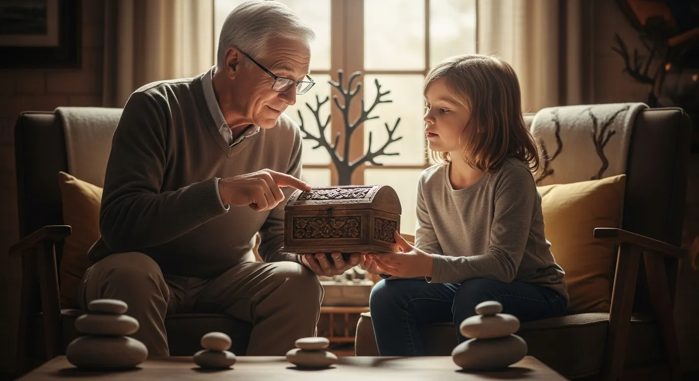 Grandfather showing grandchild a family heirloom.