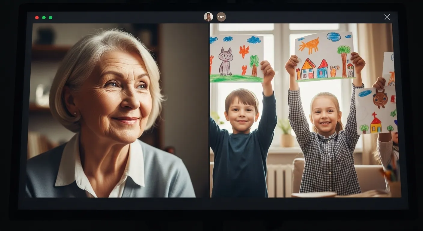 Grandmother and grandchildren on video call, sharing drawings.