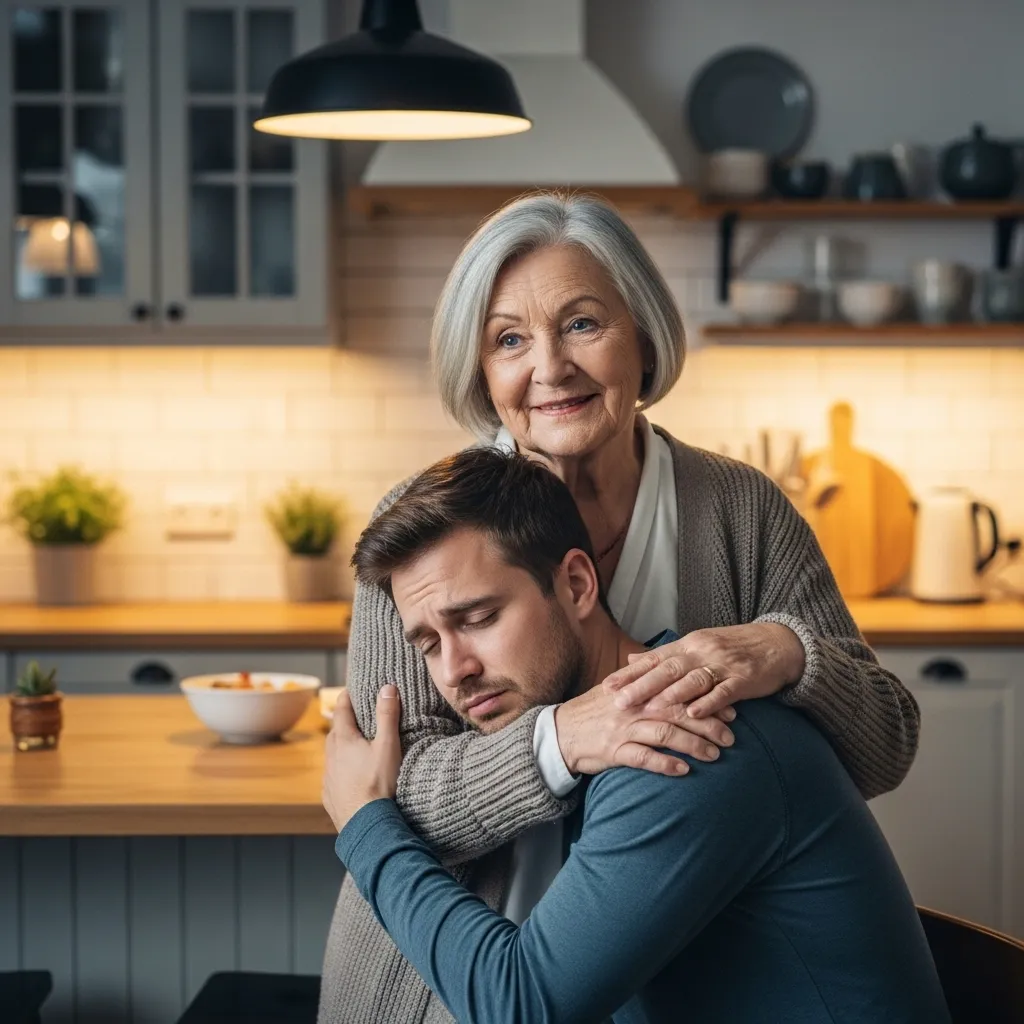 Grandmother comforting adult son in kitchen.