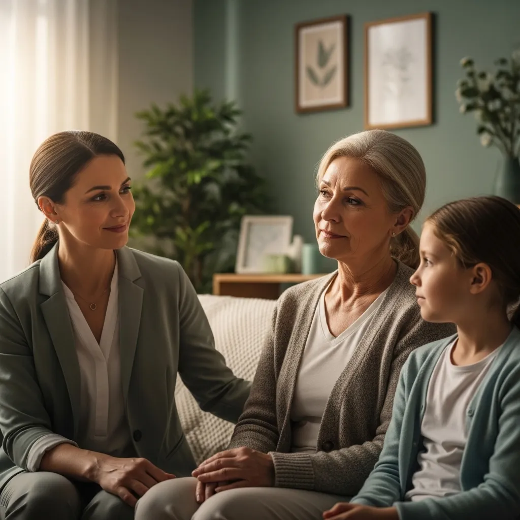 Social worker, grandparent, and child.