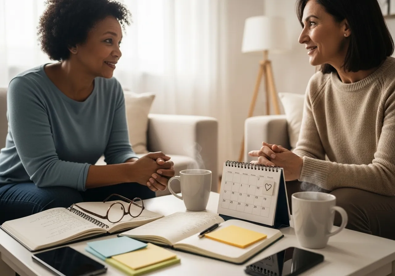Grandparent and parent smiling together in a living room.