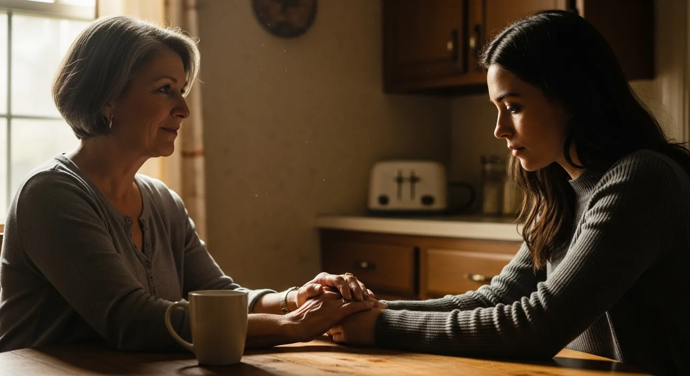 Mother and daughter holding hands, talking on park bench.